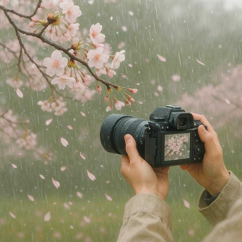 雨の中で散る桜、一瞬の美を写真に収める